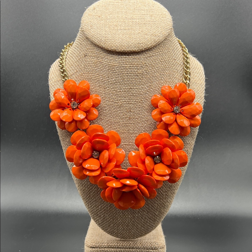 Orange Floral Statement Necklace Gold Tone Chain 21”